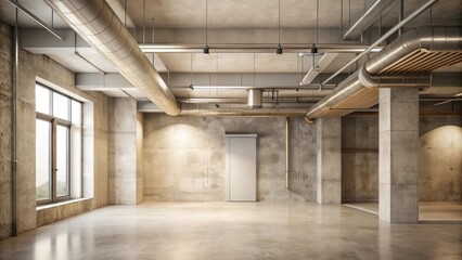 Spacious industrial loft interior with exposed metal pipes, concrete walls, and large windows