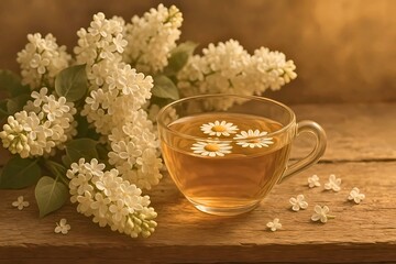 A Serene Still Life of Herbal Tea with White Lilacs and Chamomile Flower Garnish
