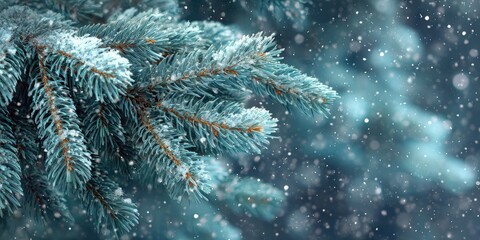 Frosty blue spruce branch in winter snowfall