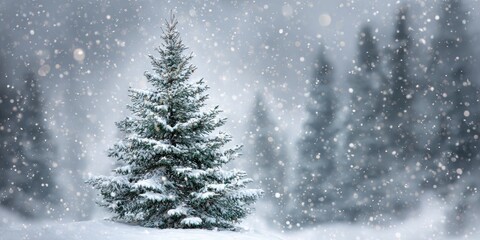 Snowy winter scene with a single snow-covered fir tree