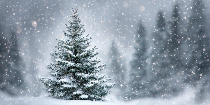 Snowy winter scene with a single snow-covered fir tree