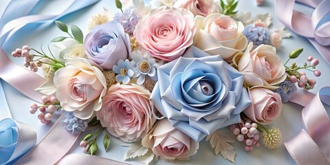 Pastel Rose and Ribbon Arrangement Delicate Floral Design with Soft Hues and Elegant Ribbons