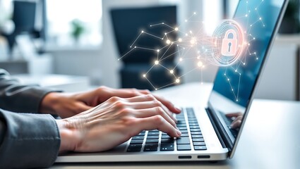 Professional's hands typing on a laptop with a glowing digital padlock and network overlay, symbolizing cybersecurity and data protection.