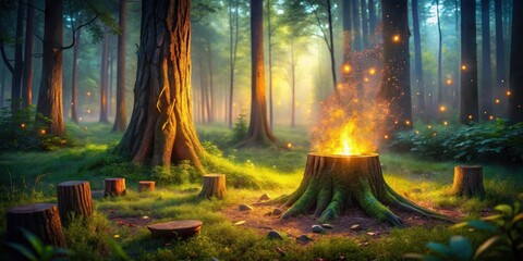 Enchanted Forest Firelight Mystical Glow Illuminates Ancient Tree Stumps in a Dreamlike Wood