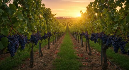 Naklejka premium A lush vineyard with rows of grapevines stretching into the distance, bathed in the golden light of a setting sun.