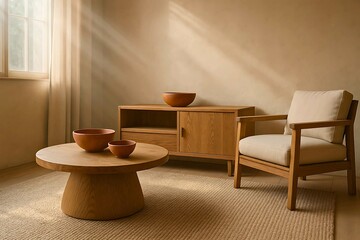 Minimalist Japandi Interior Design with Natural Wood Furniture and Terracotta Bowls