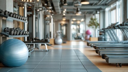 A modern gym interior featuring weights, exercise equipment, and fitness accessories, designed for a motivating workout environment.