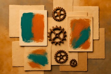 Vintage Paper Artwork with Steampunk Cogwheel Accents