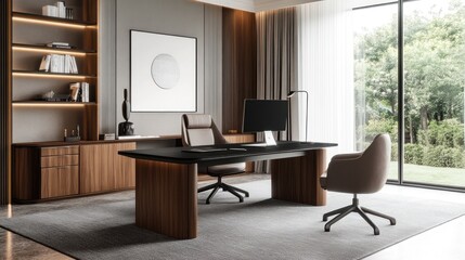 Modern luxury home office with large windows, wooden desk, and comfortable chairs.