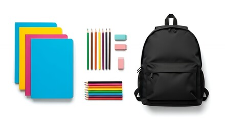 Back to School Supplies Flat Lay with erasers, Notebooks, Pencils, and Backpack