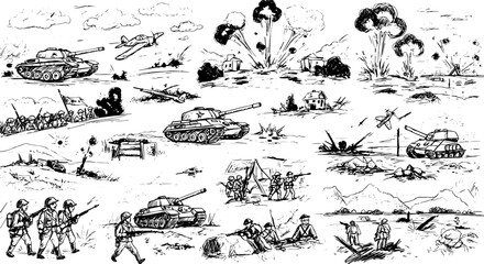 Monochrome War Combat Sketch Collection: Tanks, Infantry, Aircraft, and Explosions Illustrating Intense Battlefield Action.