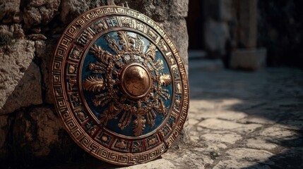 Fototapeta premium A decorative shield rests against a stone wall, showcasing intricate designs and vibrant colors, highlighting craftsmanship and historical significance.
