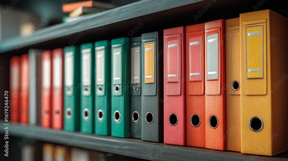 Poster a colorful row of organized binders on a shelf, showcasing a variety of vibrant colors and neat arra