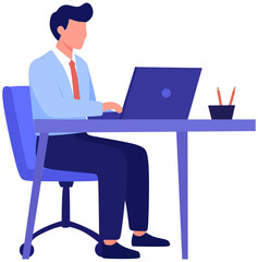 Office Man with Laptop Illustration – Faceless Male Character Working on Computer, Flat Design Business Concept, Employee at Desk, Remote Work, Freelance, or Corporate Job Vector Graphic