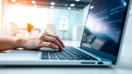 Protecting Digital Data Secure Typing on a Laptop with a Cyber Security Icon Overlay and Modern Tech