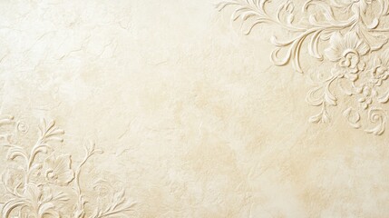 Beige textured background with embossed floral corners.