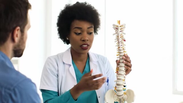 Doctor explaining spine model to patient