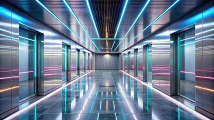 Obraz premium Futuristic Corridor with Neon Lighting and Polished Metal Walls Reflecting Vibrant Hues