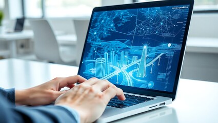 Person using a laptop computer displaying digital city model, focused on technology, future concepts.