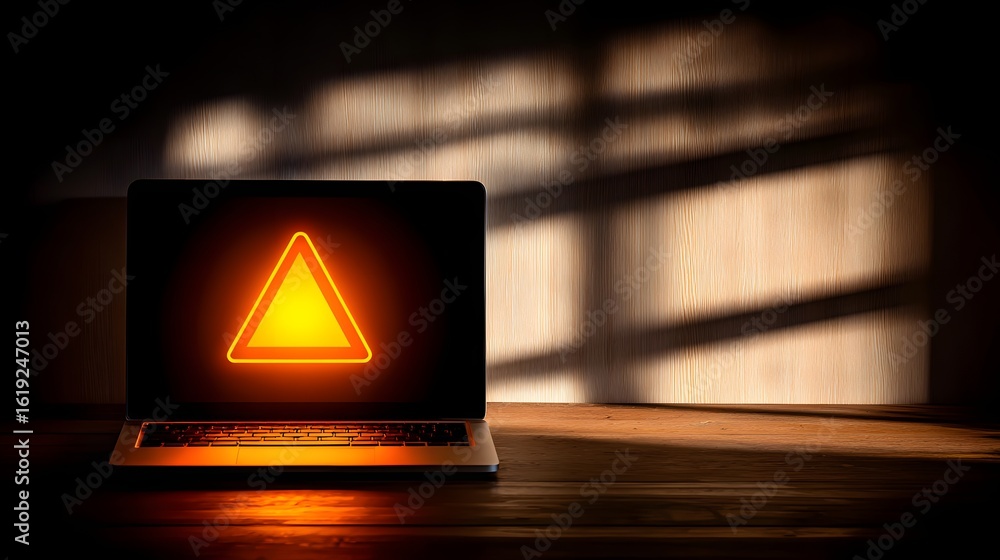 Poster laptop computer display showing a caution triangle.