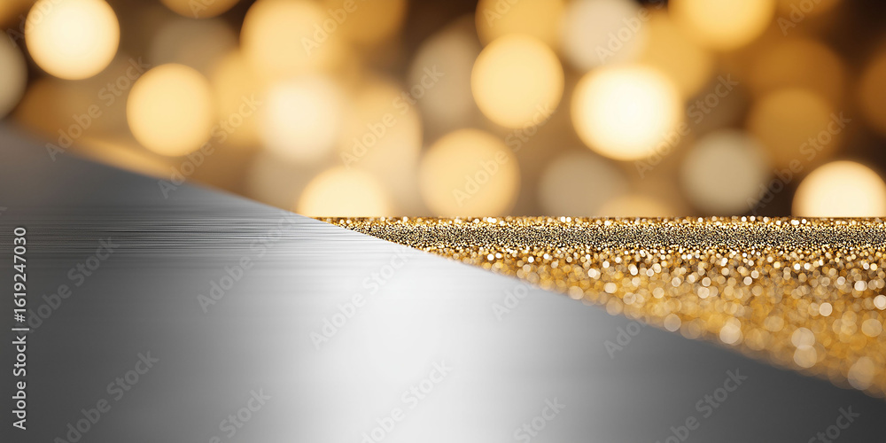 Poster a shiny silver surface with a gold border is displayed. the gold border is on the left side of the s