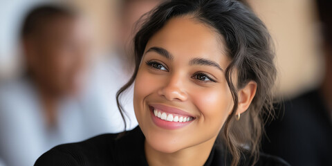 Close-up of a young Latina woman's face smiling and formally smiling as she chats with her coworkers.