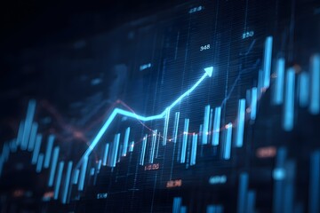 The background is dark blue, with an upward arrow drawn on the screen and some stock market charts in front of it. The lines have light colors and glowing effects.