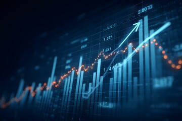 Naklejka premium The background is dark blue, with an upward arrow drawn on the screen and some stock market charts in front of it. The lines have light colors and glowing effects.