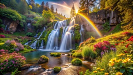 Obraz premium Serene Waterfall Cascading Through a Vibrant Floral Paradise at Sunrise with a Rainbow