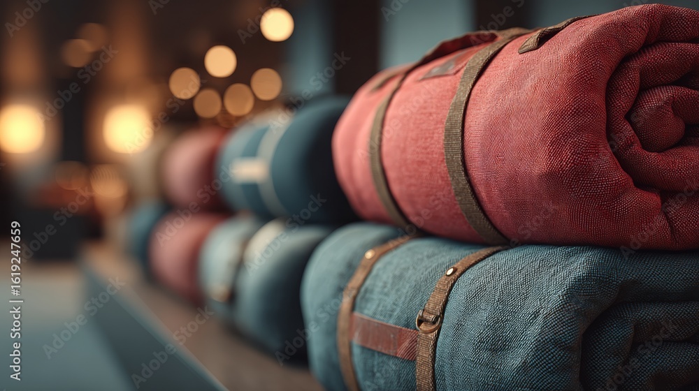 Poster a close-up view of neatly stacked rolled blankets in varying colors, with a soft bokeh background cr
