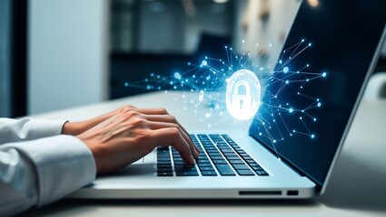 Obraz premium High-quality, realistic photo of a person's hands working on a computer to protect private data with modern cybersecurity encryption.