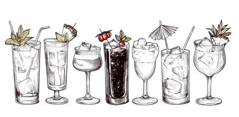 Seven Hand-Drawn Cocktails with Ice, Mint, and Pineapple Garnishes