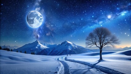 Naklejka premium A Serene Winter Night Scene Snow-Covered Hills, a Lone Tree, a Starry Sky, and a Full Moon