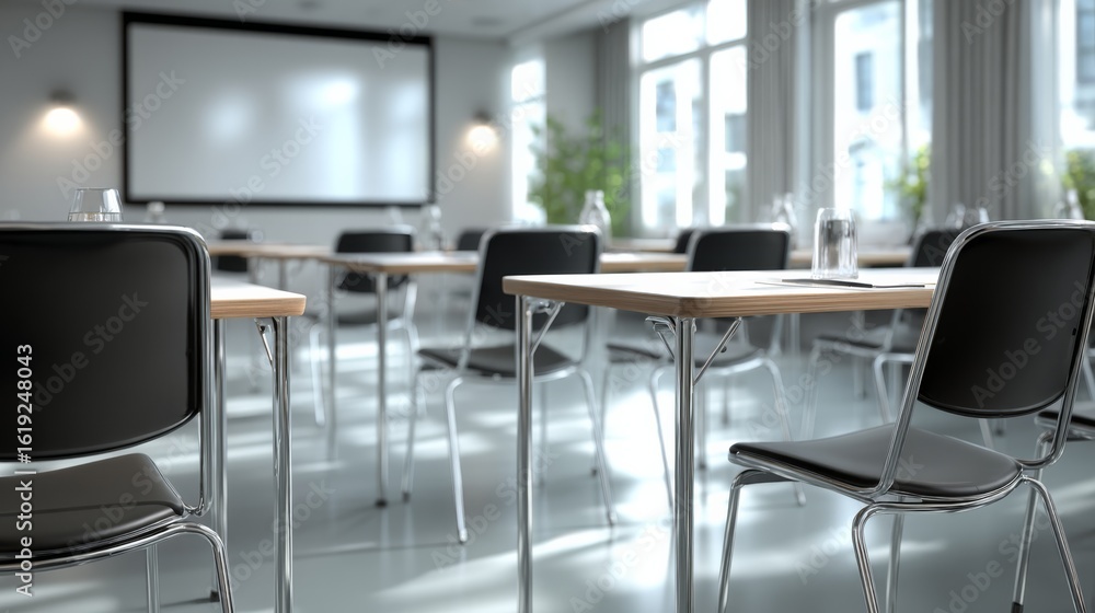 Poster a modern classroom setting with rows of tables and chairs, featuring large windows that allow natura