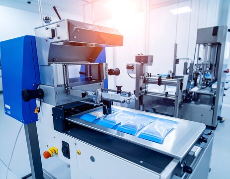 Automated packaging line in a cleanroom environment, showcasing product conveyance and sealing