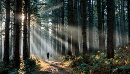 Runner in sunlit forest path, morning mist, nature, exercise, wellbeing