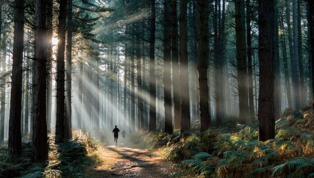 Runner in sunlit forest path, morning mist, nature, exercise, wellbeing
