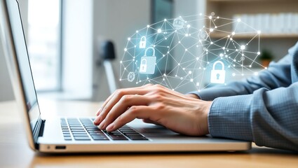 Securing Digital Data A Close-Up on Cyber Security Through Laptop Use, with Padlocks Symbolizing Data Protection and a Secured Network.