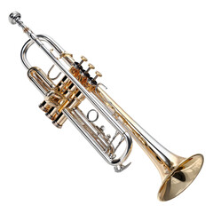Obraz premium A gleaming brass trumpet isolated against a black backdrop., on a transparent background