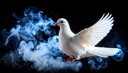 Elegant white dove encircled by ethereal blue smoke against a dark background