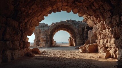 Ancient stone arches frame a coastal view, highlighting historical architecture and natural beauty in a serene landscape.
