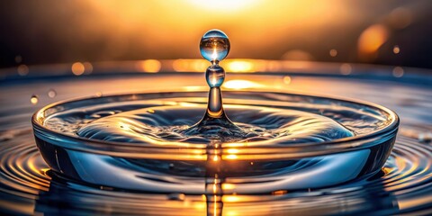 A single droplet of water impacting a tranquil surface at sunset, creating a mesmerizing display of concentric ripples and a fleeting moment of beauty
