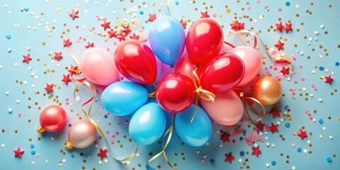 A festive arrangement of vibrant balloons and confetti, perfect for celebrations and joyous occasions.