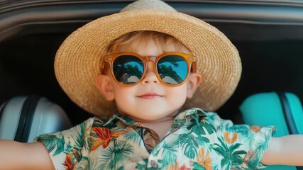 A young child in a stroller wearing sunglasses and a hat, ready for a road trip or day out.