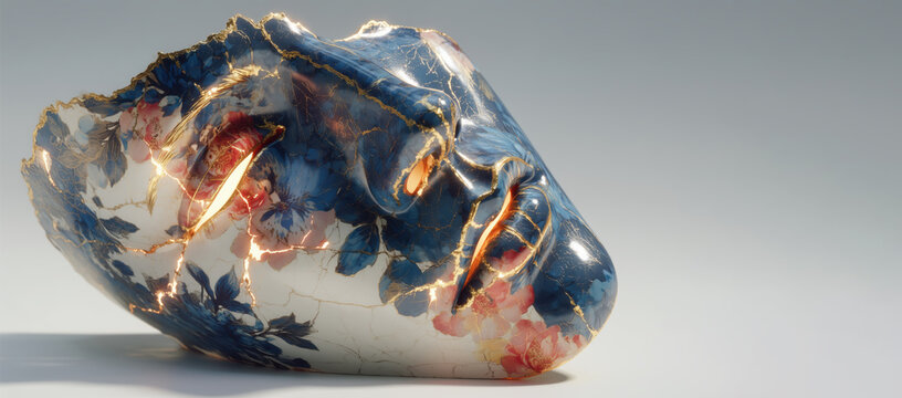 Porcelain Mask Repaired with Glowing Gold Kintsugi Cracks