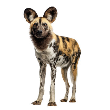 A striking African wild dog, also known as a painted wolf, stands alert against a black backdrop., isolated on white background