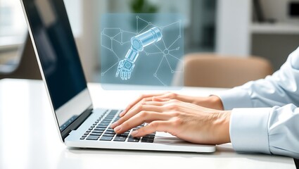 Hands Typing on a Laptop with a Robotic Arm Overlay, Focused on Modern Industry and Technology