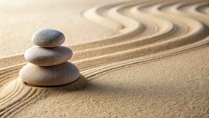 Serene Stacked Stones in a Tranquil Sand Garden, Reflecting Inner Peace and Harmony