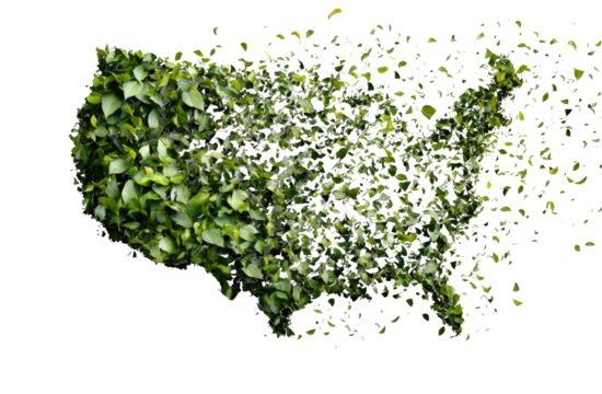 Abstract heart-shaped form composed of fragmented, tiny green leaves, exploding outward against a black background