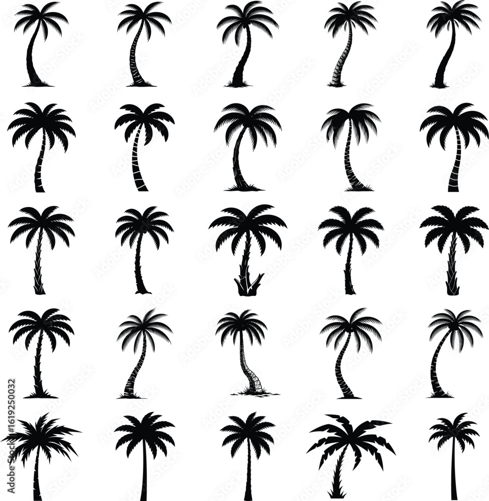 Poster a collection of twenty-five silhouette palm trees arranged in a grid pattern on a white background.